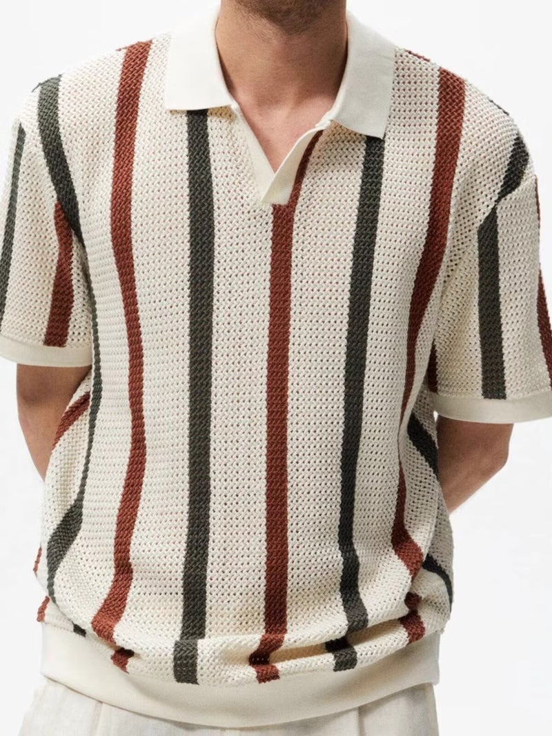 Summer Striped Color-Block Hollow-Out Lapel Short-Sleeve T-Shirt Mens Trendy Brand Personality Casual Knit Polo Shirt Top Khaki - Image 1