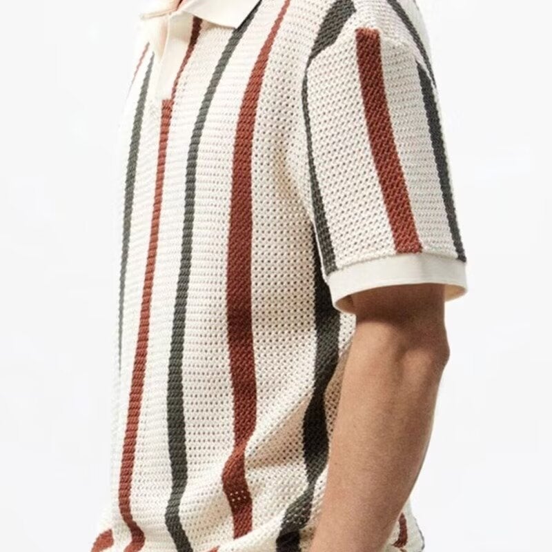 Summer Striped Color-Block Hollow-Out Lapel Short-Sleeve T-Shirt Mens Trendy Brand Personality Casual Knit Polo Shirt Top Khaki - Image 4