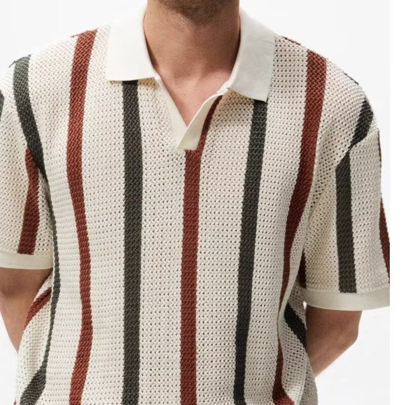 Summer Striped Color-Block Hollow-Out Lapel Short-Sleeve T-Shirt Mens Trendy Brand Personality Casual Knit Polo Shirt Top Khaki - Image 3