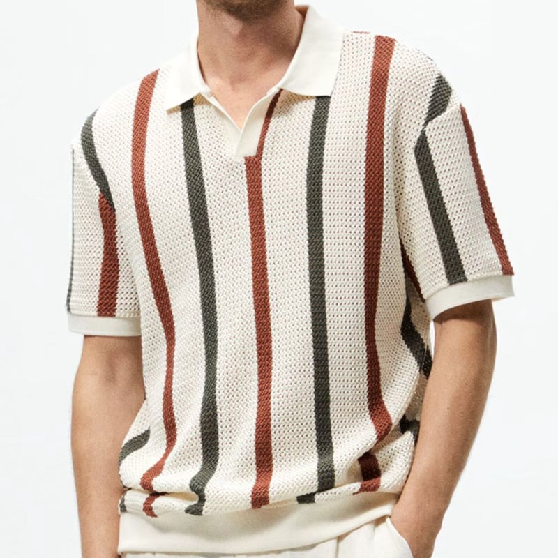Summer Striped Color-Block Hollow-Out Lapel Short-Sleeve T-Shirt Mens Trendy Brand Personality Casual Knit Polo Shirt Top Khaki - Image 2