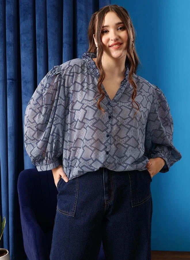 STREET 9 Plus Size Printed Balloon Sleeve Ruffled Detail Shirt
