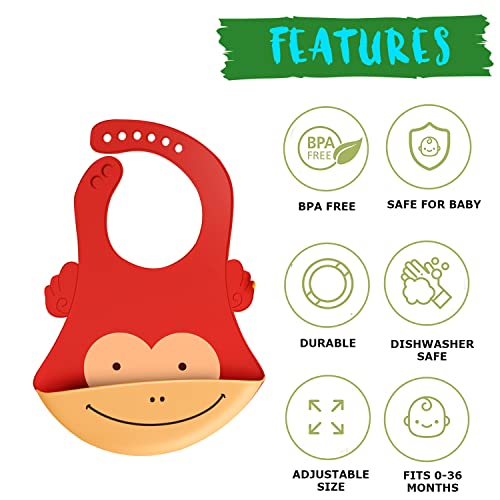 GUCHIGU Waterproof Silicone Baby Bib for Feeding Babies and Toddlers, Unisex Set of 2 Silicon Baby Feeding Bibs for Infants and Toddlers 4M to 4Yr Cute Printing with Rice Pocket (Red-Green, Set of 2) - Image 3