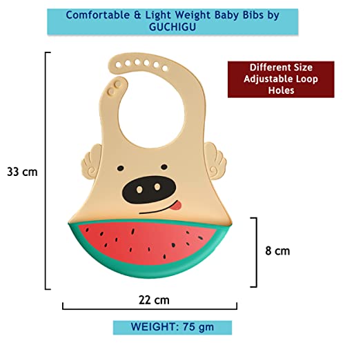 GUCHIGU Waterproof Silicone Baby Bib for Feeding Babies and Toddlers, Unisex Set of 2 Silicon Baby Feeding Bibs for Infants and Toddlers 4M to 4Yr Cute Printing with Rice Pocket (Red-Green, Set of 2) - Image 4
