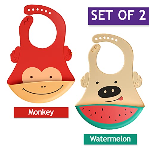 GUCHIGU Waterproof Silicone Baby Bib for Feeding Babies and Toddlers, Unisex Set of 2 Silicon Baby Feeding Bibs for Infants and Toddlers 4M to 4Yr Cute Printing with Rice Pocket (Red-Green, Set of 2) - Image 2