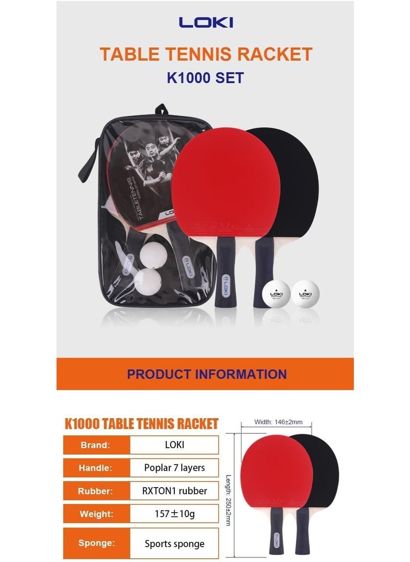 Generic - LOKI K1000 Table Tennis Rackets Set Ping Pong Paddles With 2 Balls - Image 1