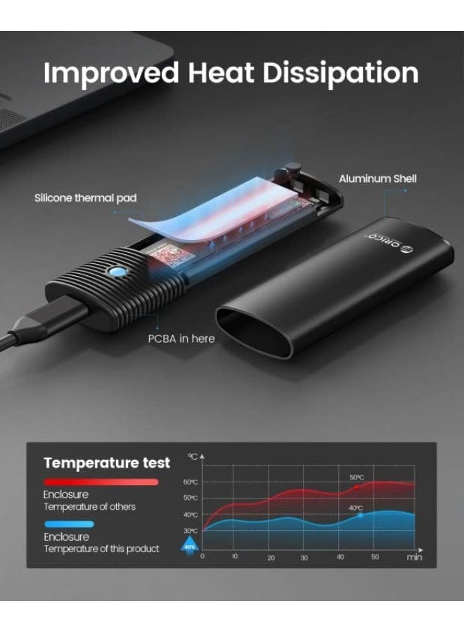 ORICO Aluminum M.2 NVMe SSD Enclosure , Tool-Free 10Gbps USB C Adapter, USB 3.2 M.2 NVMe Reader, External SSD Case Thunderbolt 3 Compatible, Supports 4TB 2230/2242 /2260/2280 PCIe M-Key SSDs-PWM2-BK - Image 2
