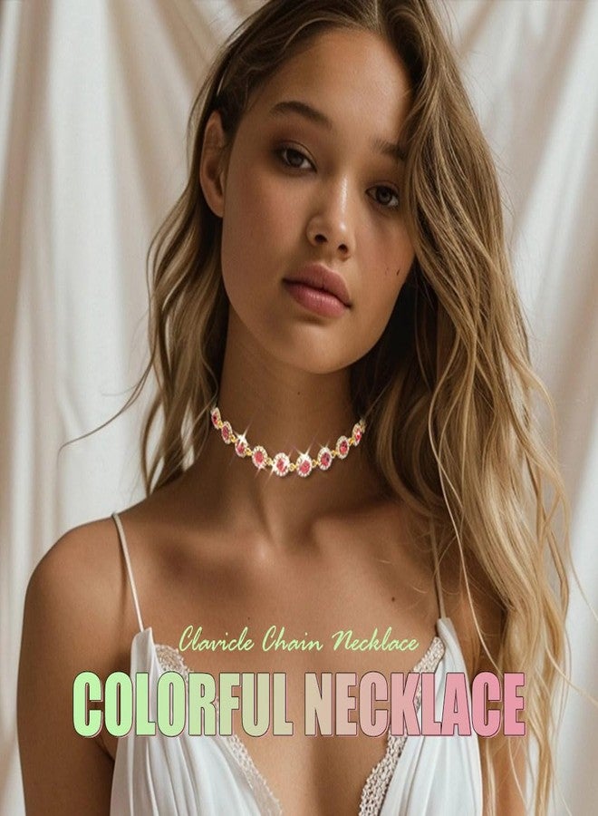 ACEDRE Colorful Crystal Choker Necklace Sparkly Rhinestone Chokers Necklaces Gold Chain Necklace Party Prom Neck Jewelry for Women (4-Pink) - Image 4