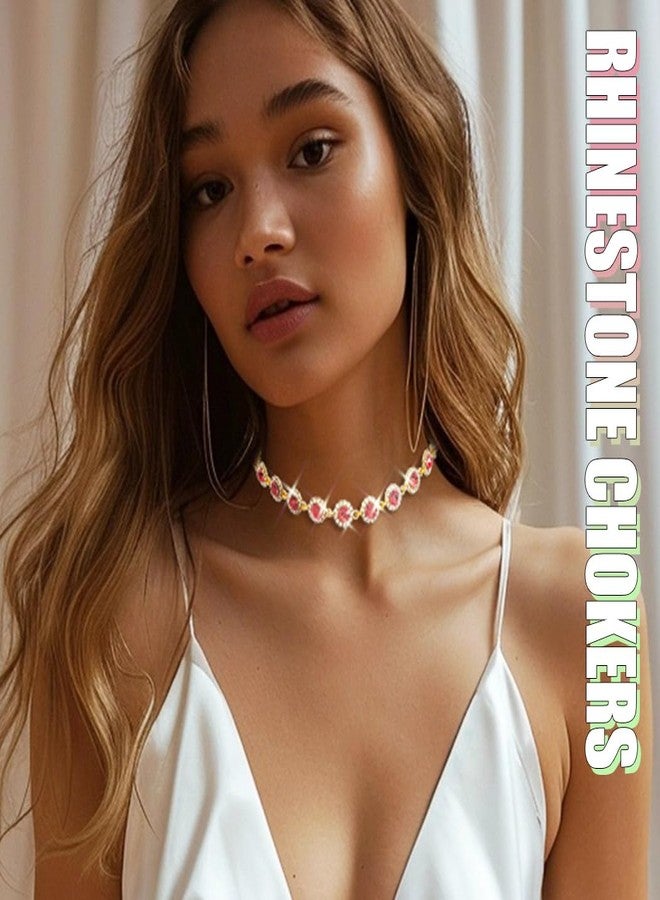 ACEDRE Colorful Crystal Choker Necklace Sparkly Rhinestone Chokers Necklaces Gold Chain Necklace Party Prom Neck Jewelry for Women (4-Pink) - Image 2