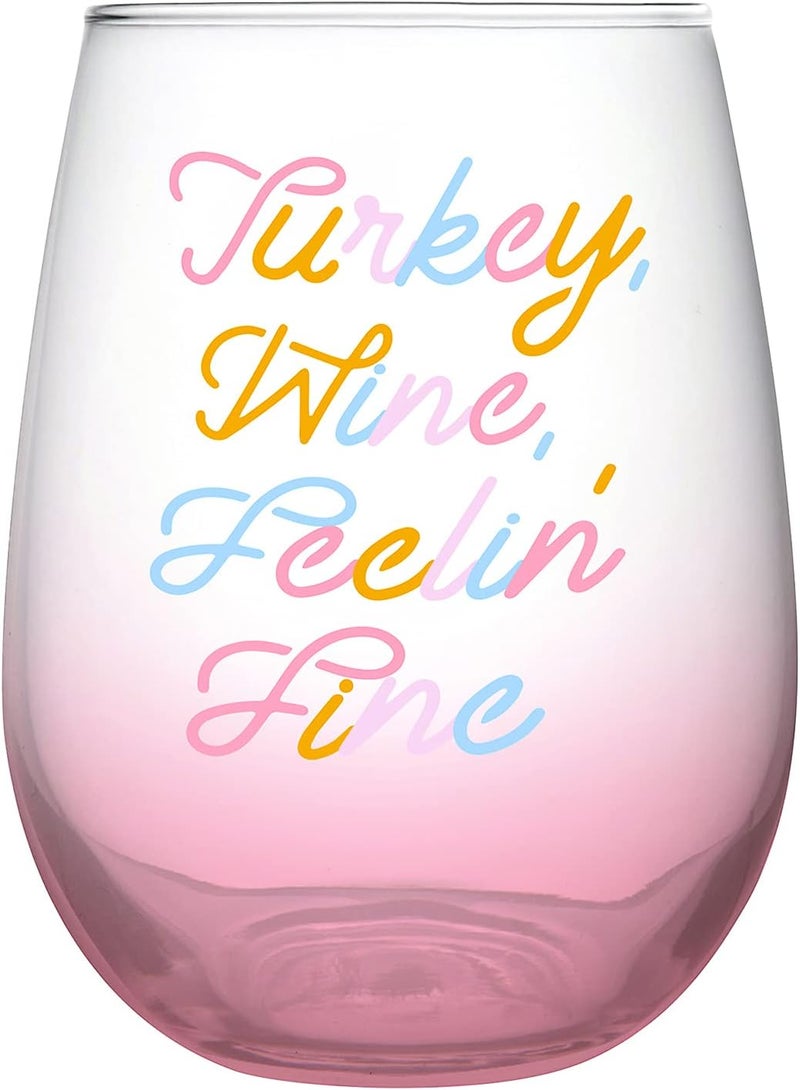 Slant Collections Wine Glass Fall Holiday Gifts Stemless Wine Glass 20Ounce Turkey Wine Feelin Fine - Image 1