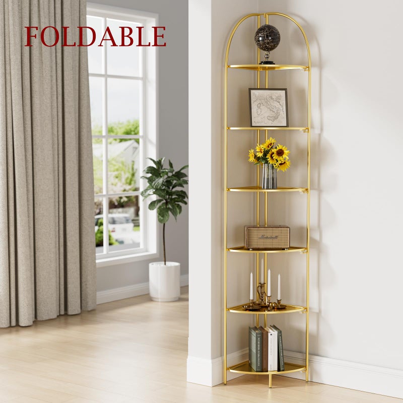 Crofy Foldable 6 Tier Corner Shelf, Metal Corner Plant Stand with Gold Frame and Gold Shelves, Corner Display Rack Multipurpose Shelving Unit for Living Room, Bedroom, Bathroom - Image 3