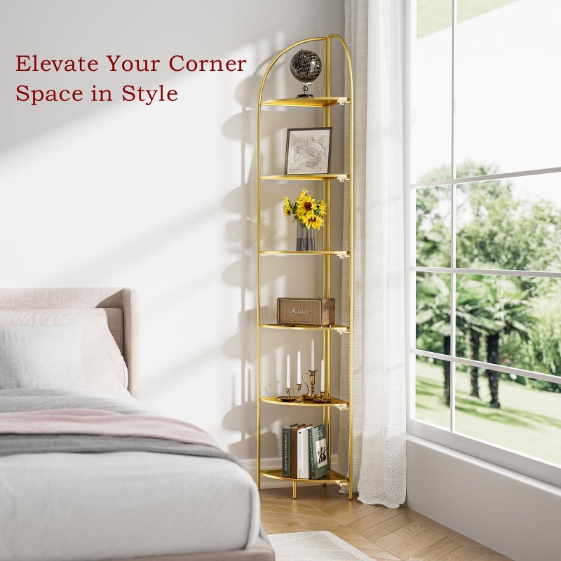 Crofy Foldable 6 Tier Corner Shelf, Metal Corner Plant Stand with Gold Frame and Gold Shelves, Corner Display Rack Multipurpose Shelving Unit for Living Room, Bedroom, Bathroom - Image 5