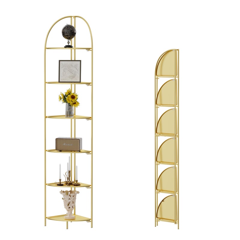 Crofy Foldable 6 Tier Corner Shelf, Metal Corner Plant Stand with Gold Frame and Gold Shelves, Corner Display Rack Multipurpose Shelving Unit for Living Room, Bedroom, Bathroom - Image 1