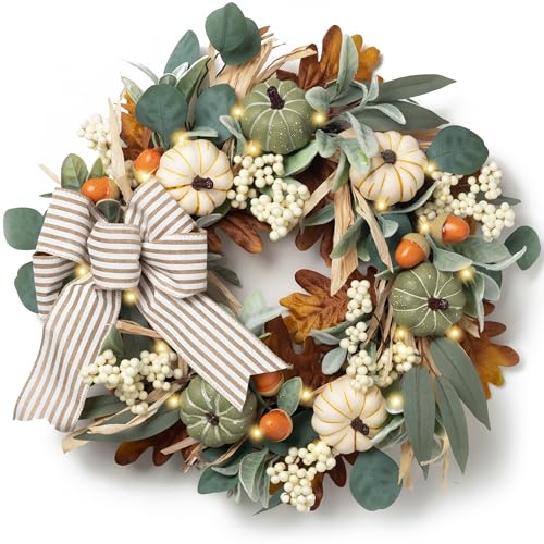 Valery Madelyn Fall Wreaths for Front Door Outside 20 Farmhouse Autumn Door Wreath with Lights White Pumpkins Bow Outdoor Fall Decorations for Home Porch Thanksgiving Harvest Table Centerpiece