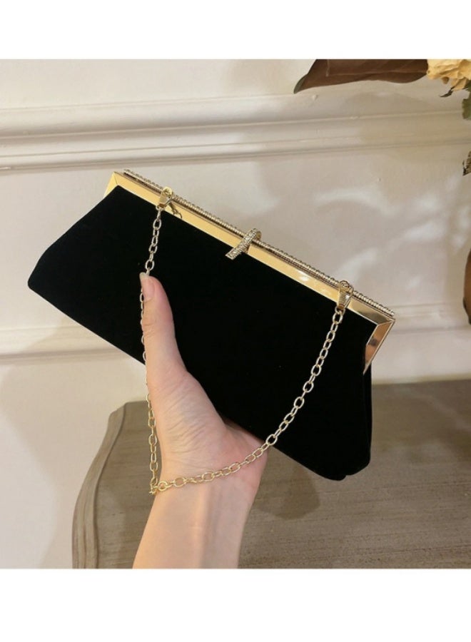 SHABILI Women's Velvet Material Evening Party Clutch Bag, Ladies Designer Chain Banquet Package Handbag Tote Bags Shoulder Bag, Casual Crossbody Bag Satchel Bag Side Bag Carry Bag for College Students(Black) - Image 2