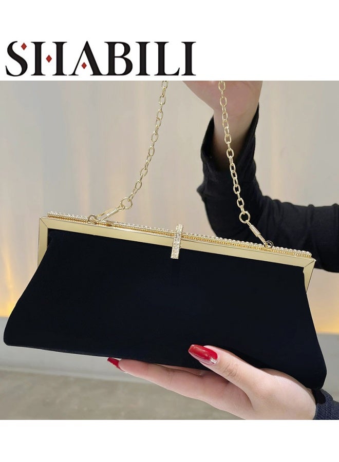 SHABILI Women's Velvet Material Evening Party Clutch Bag, Ladies Designer Chain Banquet Package Handbag Tote Bags Shoulder Bag, Casual Crossbody Bag Satchel Bag Side Bag Carry Bag for College Students(Black) - Image 1