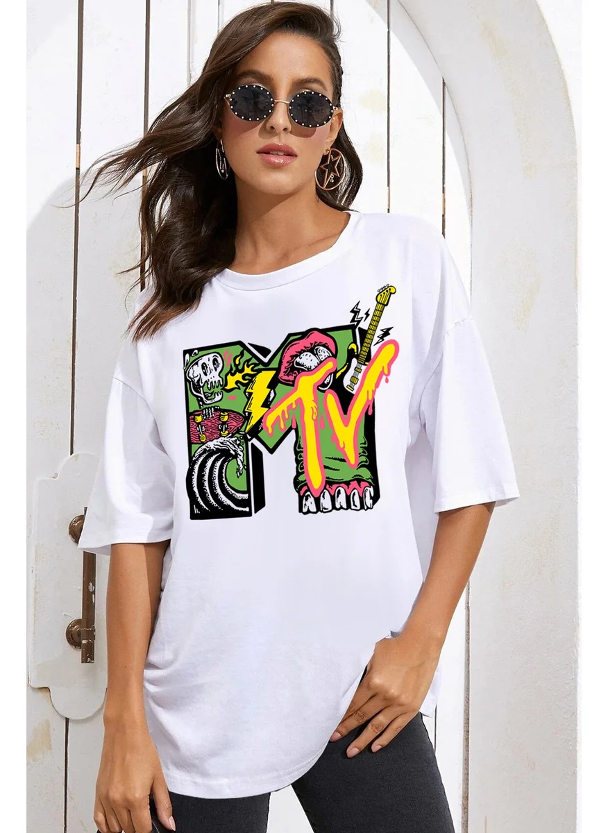 Rock&Roll Meteve Oversize White Short Sleeve Women's T-Shirt