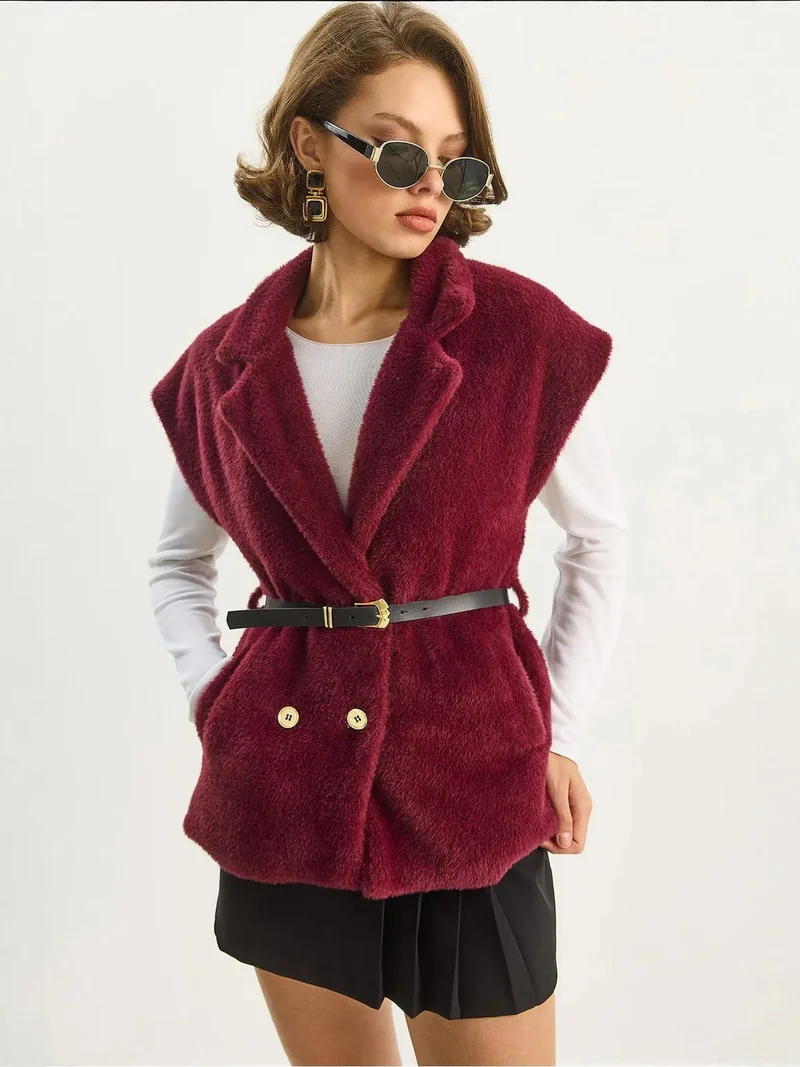 Bianco Lucci Cherry Red LUCCI Plush Knitted Waistcoat for Women | Best Price UAE