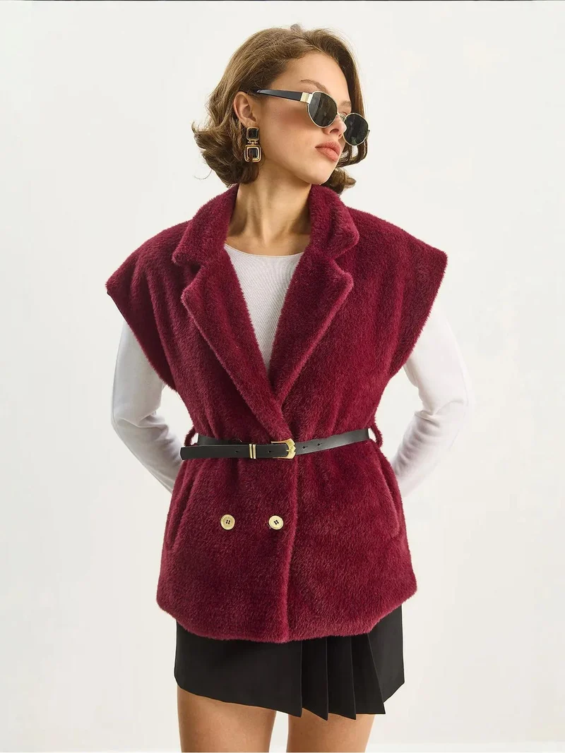 Bianco Lucci Cherry Red LUCCI Plush Knitted Waistcoat for Women | Best Price UAE