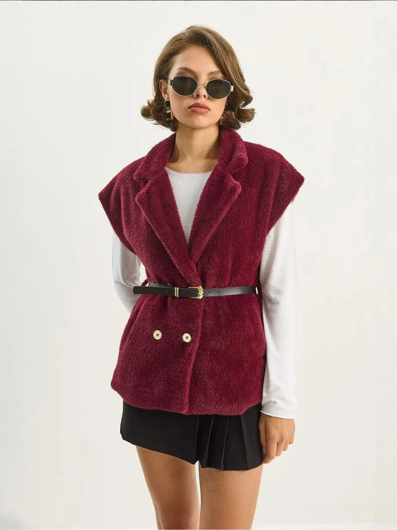 Bianco Lucci Cherry Red LUCCI Plush Knitted Waistcoat for Women | Best Price UAE