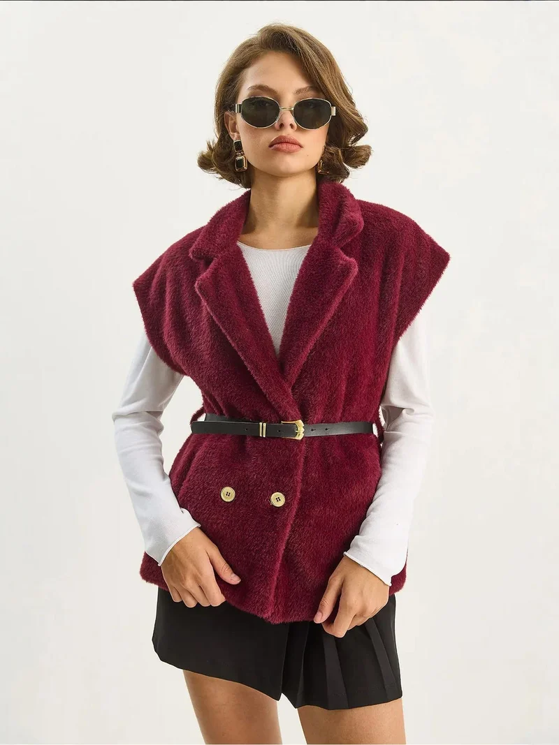 Bianco Lucci Cherry Red LUCCI Plush Knitted Waistcoat for Women | Best Price UAE