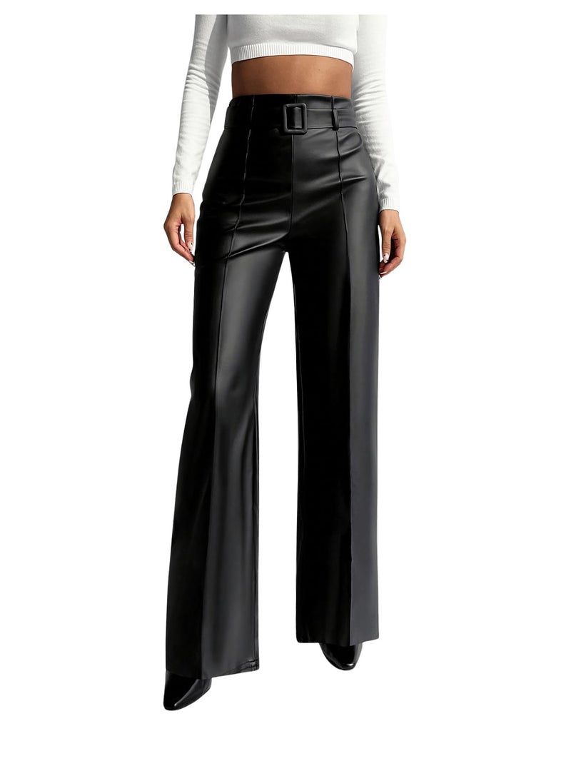 Floerns Women's PU Leather Straight Leg Pants High Waisted Belt Casual Trousers Black Small - Image 1