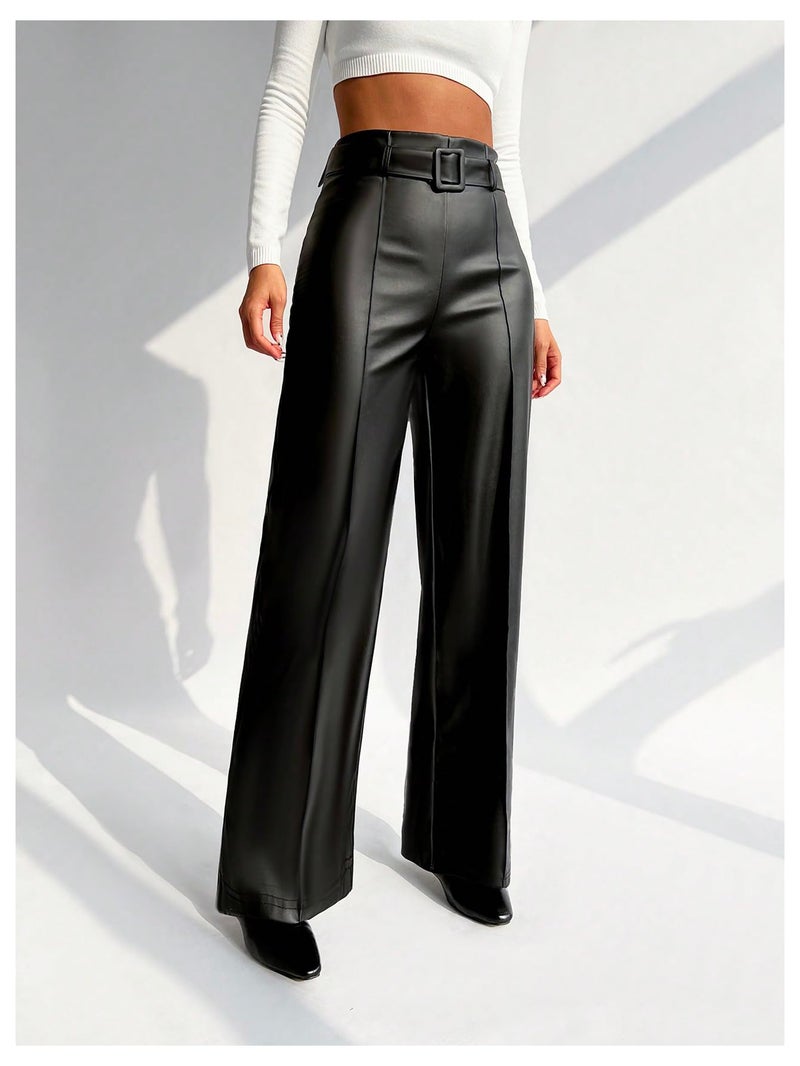 Floerns Women's PU Leather Straight Leg Pants High Waisted Belt Casual Trousers Black Small - Image 3