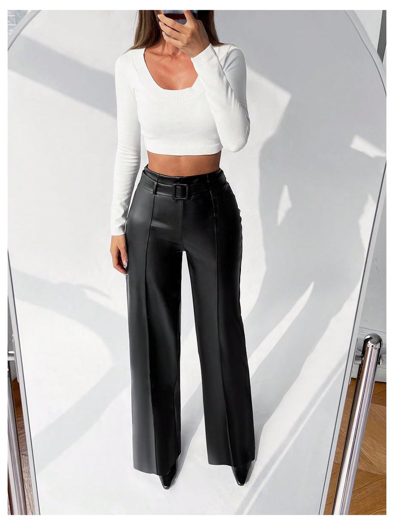 Floerns Women's PU Leather Straight Leg Pants High Waisted Belt Casual Trousers Black Small - Image 5
