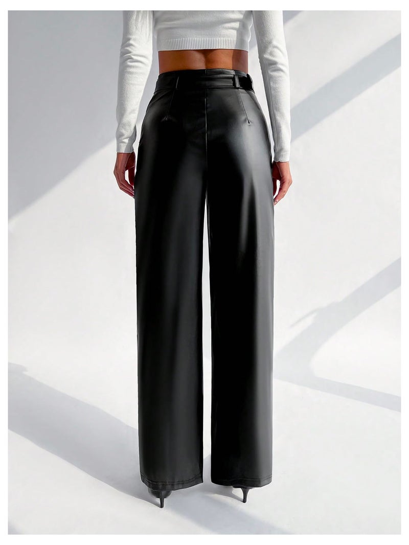 Floerns Women's PU Leather Straight Leg Pants High Waisted Belt Casual Trousers Black Small - Image 2