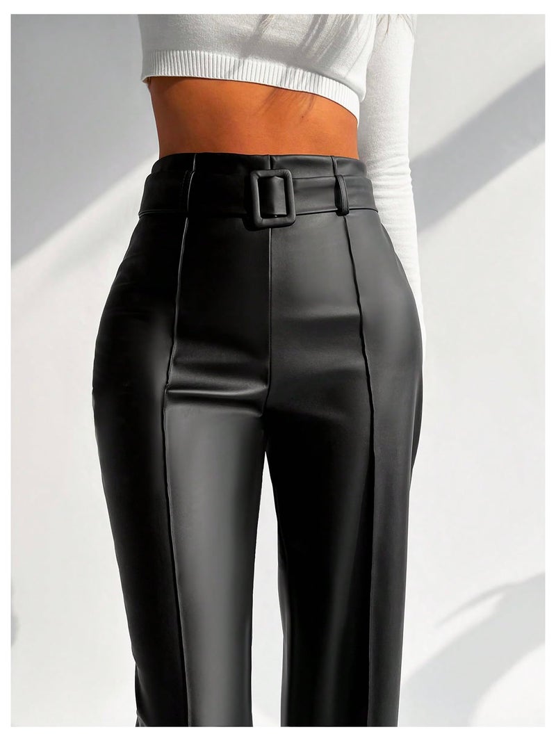 Floerns Women's PU Leather Straight Leg Pants High Waisted Belt Casual Trousers Black Small - Image 4