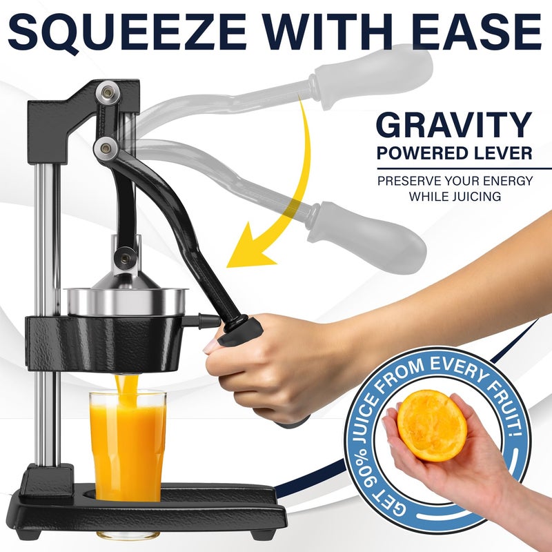 Eurolux Ultra-Premium Cast Iron Juicer | Extra-Large, Heavy Duty, Commercial Grade, Stainless Steel Manual Hand Press Citrus Squeezer For Fresh Orange Juice, Pomegranate, Lemon, and Much More (Orange) - Image 3