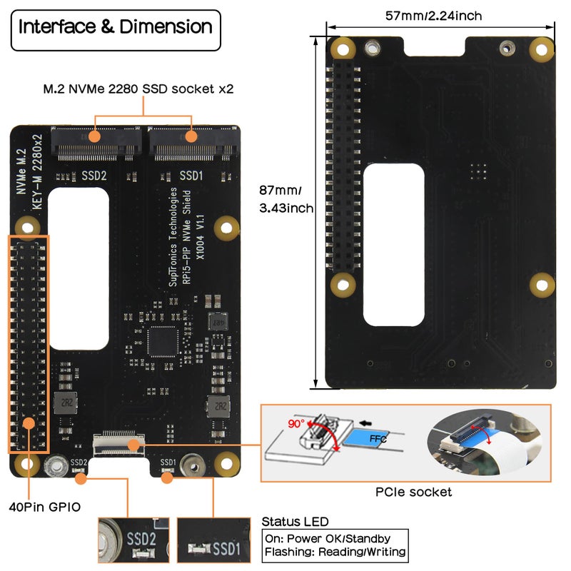 Geekworm X1004 PCIe to Dual M.2 HAT NVMe 2280 SSD PCIe Peripheral Board for Raspberry Pi 5 16GB/8GB/4GB/2GB - Image 2