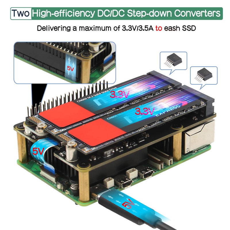 Geekworm X1004 PCIe to Dual M.2 HAT NVMe 2280 SSD PCIe Peripheral Board for Raspberry Pi 5 16GB/8GB/4GB/2GB - Image 3