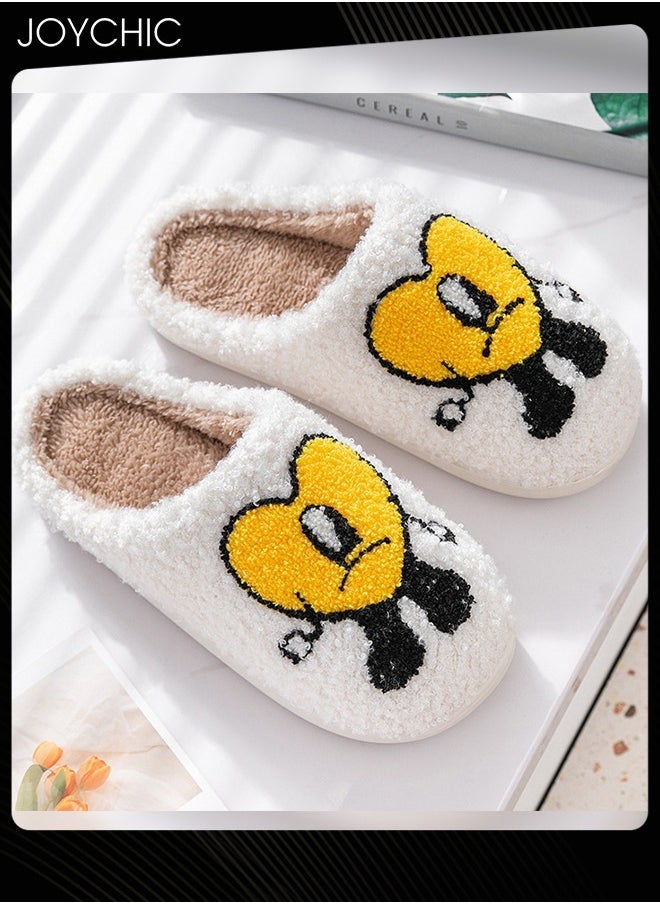 Joychic Lovely Cartoon Embroidery Warm Indoor Bedroom Slides Autumn and Winter Women Men Couple Flat Household Slippers with Love Pattern White+Yellow  - Image 3