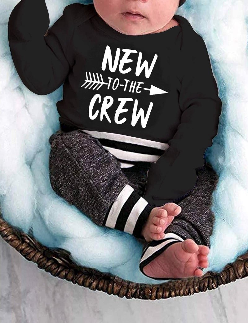 Fommy Baby Boy Clothes Newborn Boy Clothes New to The Crew Outfits Long Sleeve Black Romper+Long Little Man Pants+Striped Hat 3PCS Newborn Boy Outfits - Image 2