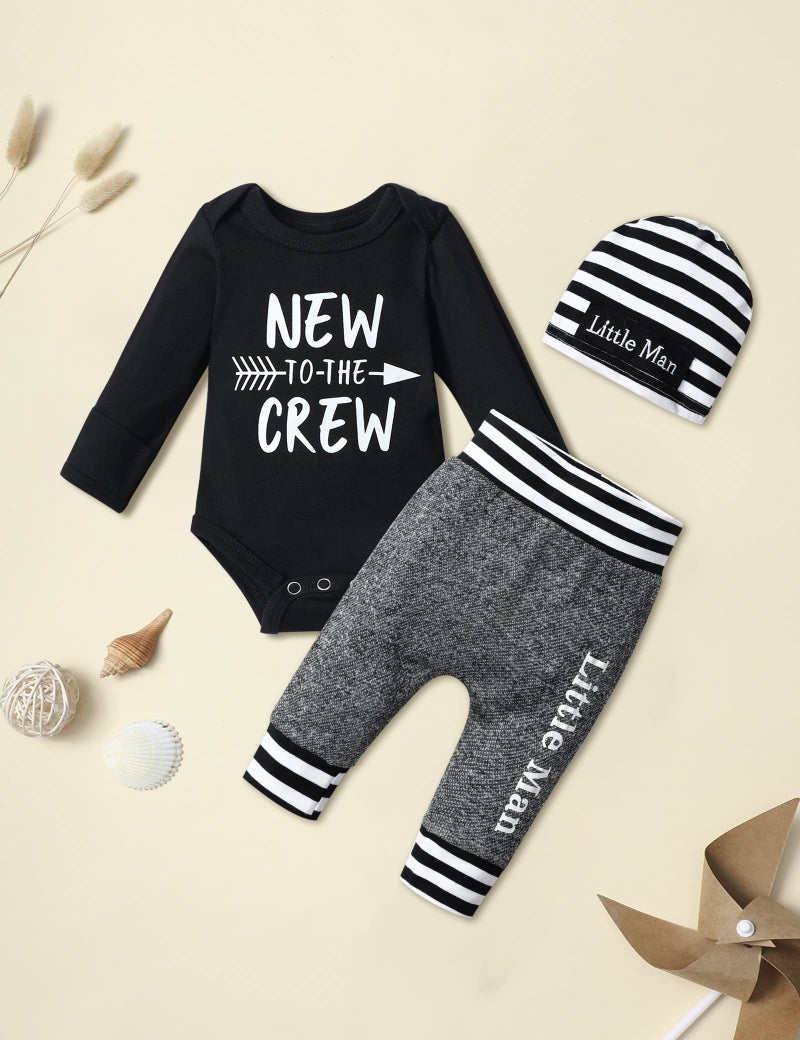 Fommy Baby Boy Clothes Newborn Boy Clothes New to The Crew Outfits Long Sleeve Black Romper+Long Little Man Pants+Striped Hat 3PCS Newborn Boy Outfits - Image 4