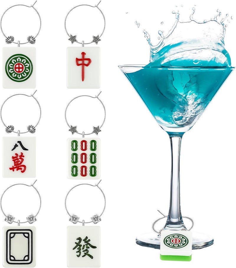 Geelin 6 Set Mahjong Wine Charms, Wine Glass Tags for Stem Glasses, DIY Mahjong Tiles Resin Pendants Gift with Iron Finding, Drink Markers Identifiers for Parties, Tastings, and Entertaining - Image 1