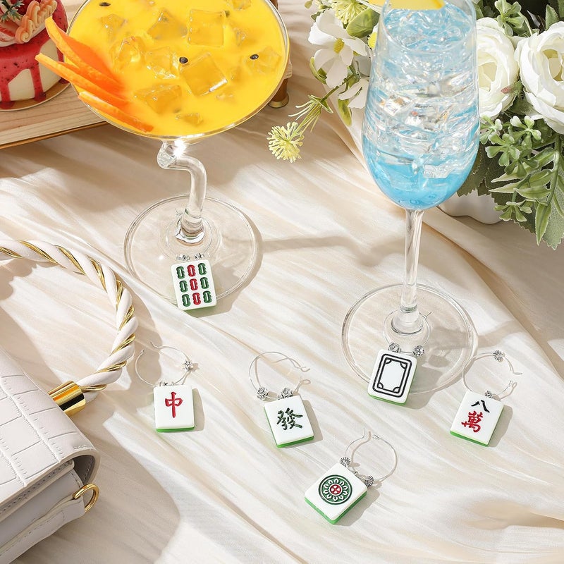 Geelin 6 Set Mahjong Wine Charms, Wine Glass Tags for Stem Glasses, DIY Mahjong Tiles Resin Pendants Gift with Iron Finding, Drink Markers Identifiers for Parties, Tastings, and Entertaining - Image 4