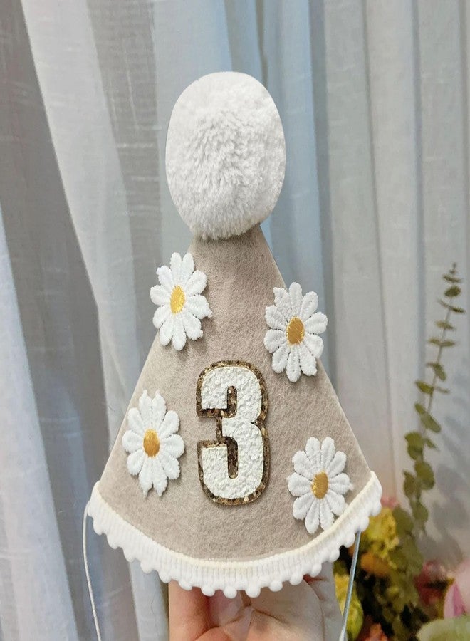 Ysqool 3rd Birthday Hat for Boys and Girls, 3rd Birthday Crown with Pom Topper, Cake Smash Party Cone Hat for Baby 3 Years Old Decorations (Daisy, Brown) - Image 4