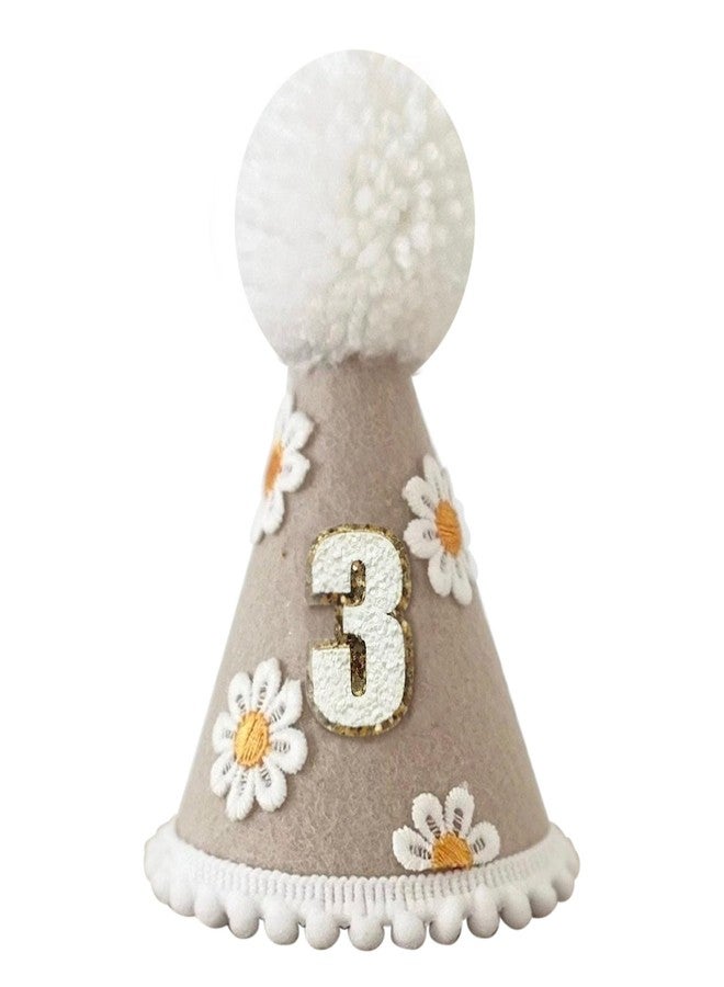 Ysqool 3rd Birthday Hat for Boys and Girls, 3rd Birthday Crown with Pom Topper, Cake Smash Party Cone Hat for Baby 3 Years Old Decorations (Daisy, Brown) - Image 1