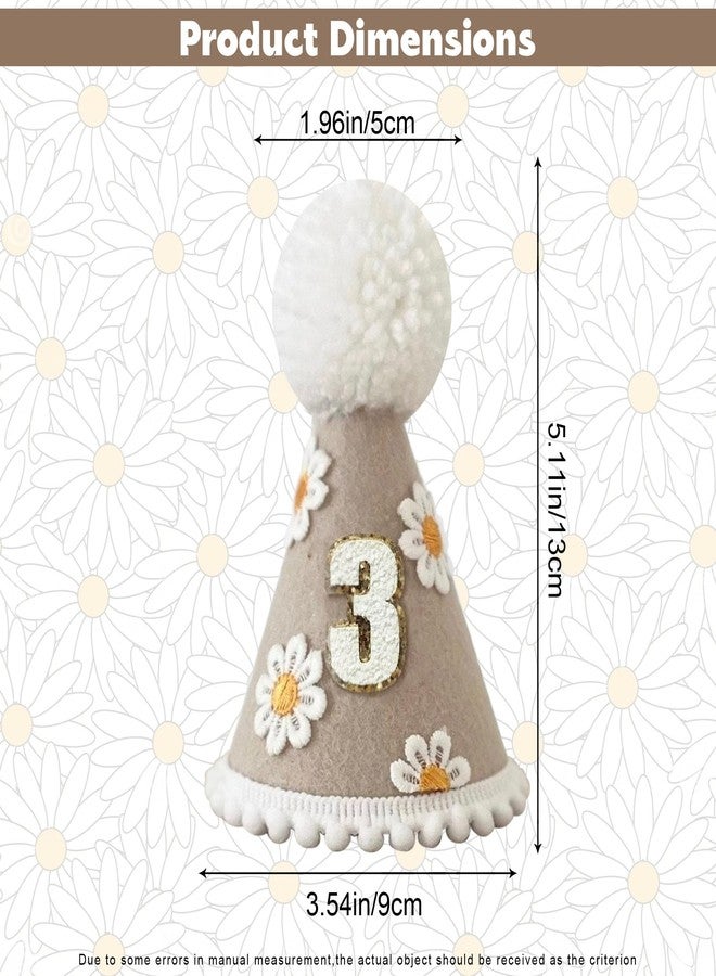 Ysqool 3rd Birthday Hat for Boys and Girls, 3rd Birthday Crown with Pom Topper, Cake Smash Party Cone Hat for Baby 3 Years Old Decorations (Daisy, Brown) - Image 2