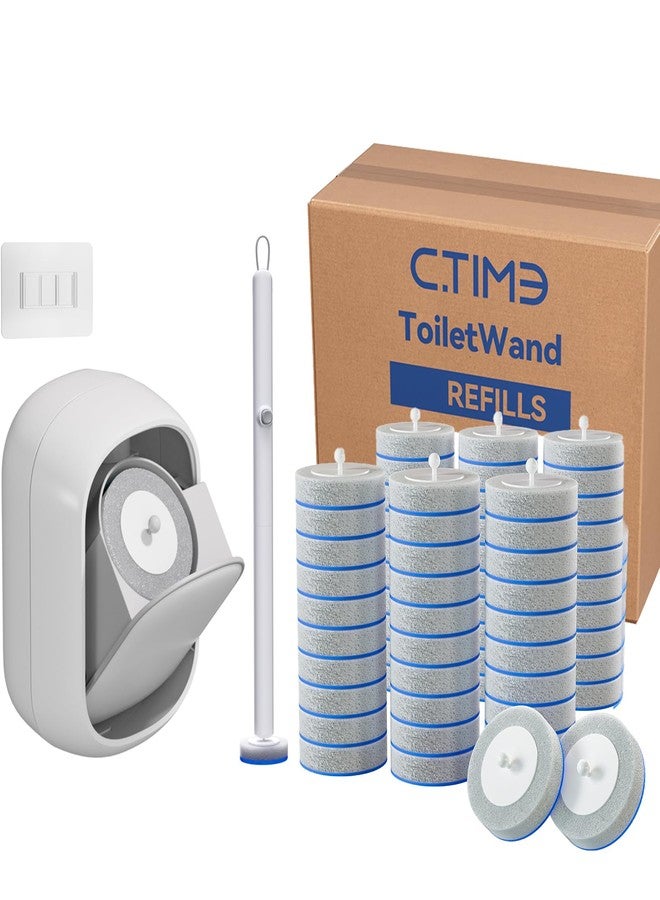 CTIME Disposable Toilet Brush with Holder, White Plastic, 60 Brush Heads, Cylindrical Design, 4.3x3.9x20 Inches, Firm and Durable - Image 1