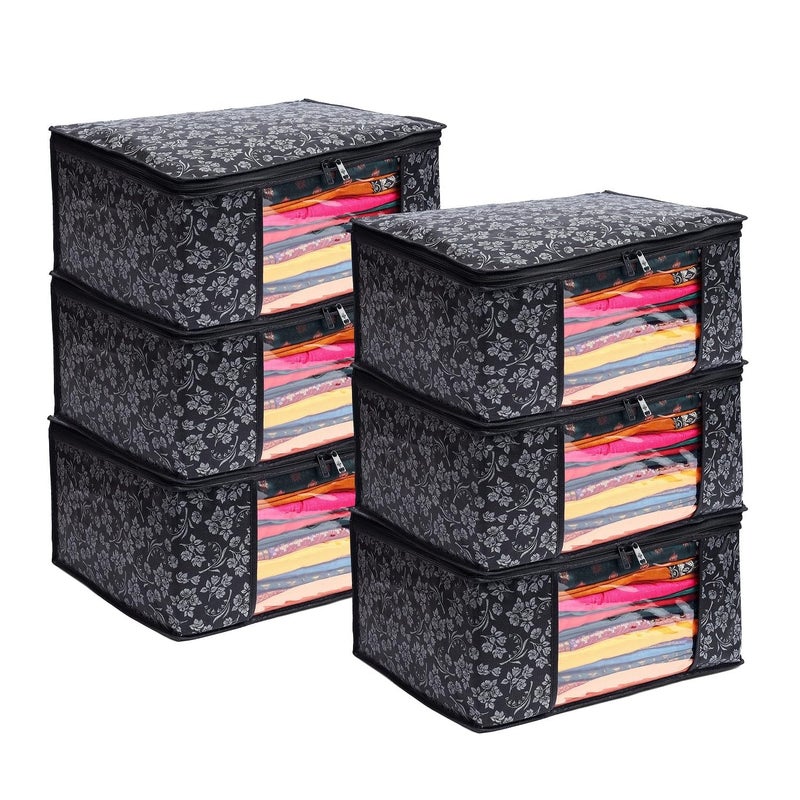 LAXIS ® Saree Covers With Zip Non-Woven Printed Saree Cover/Saree Organizer For Wardrobe/Cloth Storage With Transparent Window/Saree Bags Storage/Clothes Organizer (Black- Pack of 6) - Image 1