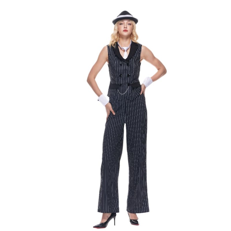 EraSpooky Women Gangster Costume Adult 1920s Pinstripe Suit, Include Sleeveless Jacket Pants Necktie Wristband Hat - Image 5