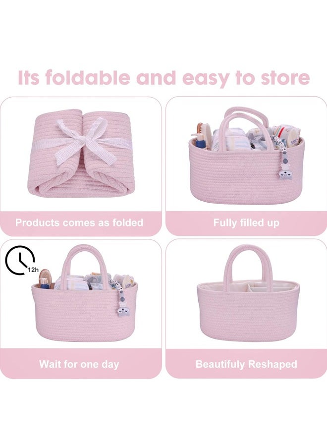 Hihonor Baby Diaper Caddy Organizer for Girl Boy,Rope Nursery Storage Bin Basket,Portable Holder Tote Bag for Changing Table Car Travel Baby Shower Gifts Newborn Essentials Registry Must Have Items(pink)  - Image 3