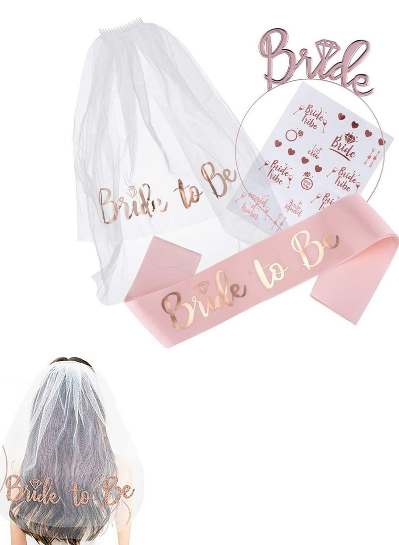 Bride to Be Set Bridal Shower Party Decoration Bride to Be Sash, Bridal Tiara, Shoulder Length Veil and Decorative Stickers, Set of 4 - Image 1