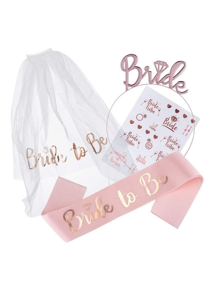 Bride to Be Set Bridal Shower Party Decoration Bride to Be Sash, Bridal Tiara, Shoulder Length Veil and Decorative Stickers, Set of 4 - Image 2