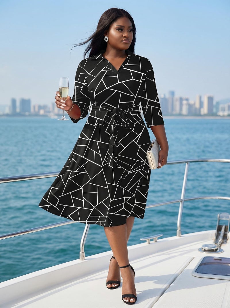 FANDEE Plus Size Midi Dress for Women - Printing Summer Dresses for Wedding Guest Cocktail Party 3/4 Sleeve V Neck Black Geo Print 2XL - Image 3