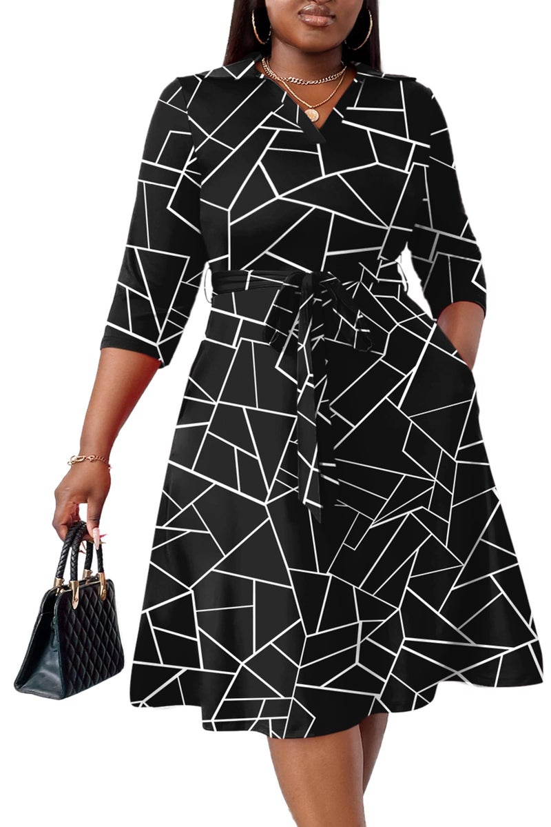 FANDEE Plus Size Midi Dress for Women - Printing Summer Dresses for Wedding Guest Cocktail Party 3/4 Sleeve V Neck Black Geo Print 2XL - Image 1