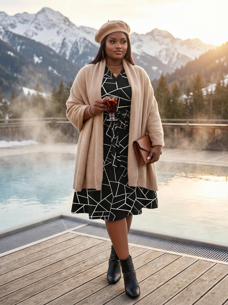 FANDEE Plus Size Midi Dress for Women - Printing Summer Dresses for Wedding Guest Cocktail Party 3/4 Sleeve V Neck Black Geo Print 2XL - Image 2