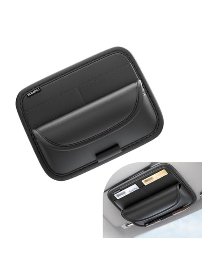 منظم حاجب الشمس للسيارة مع جيوب متعددة، حقيبة تخزين جلدية تناسب جميع المقاسات - حقيبة تخزين حاجب الشمس المضادة للخدش والمتينة للسيارات والشاحنات وSUVs - منظم أساسيات السفر والقيادة (أسود) - Image 1